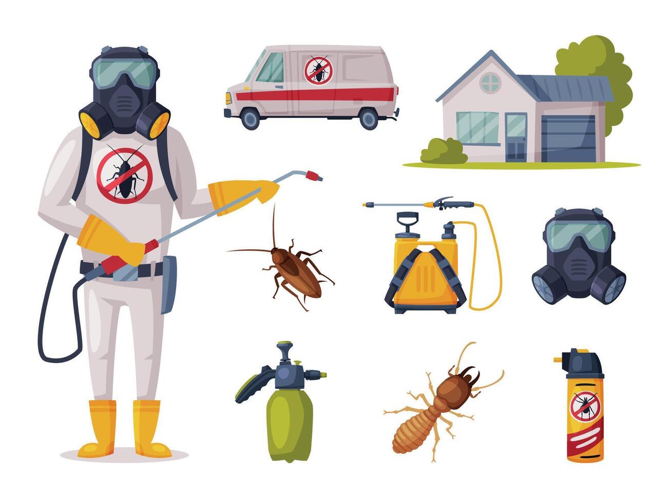 Pest Control Service, Exterminator Wearing Protection Uniform with Exterminating and Protecting Equipment Illustration vector