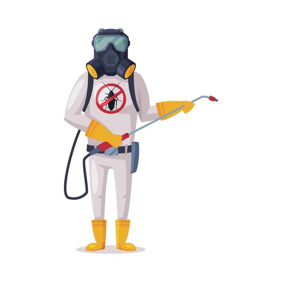 Exterminator Wearing Protection Uniform and Gas Mask Spraying with Insecticide, Male Worker of Pest Control Service Illustration vector