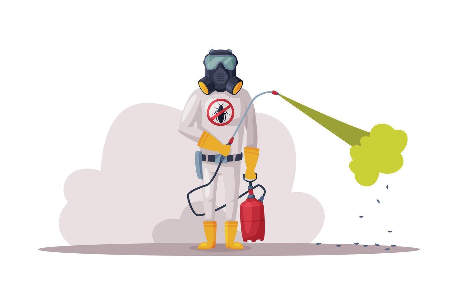 Exterminator Wearing Protection Uniform and Gas Mask Using Pressure Sprayer, Pest Control Service Worker Illustration vector