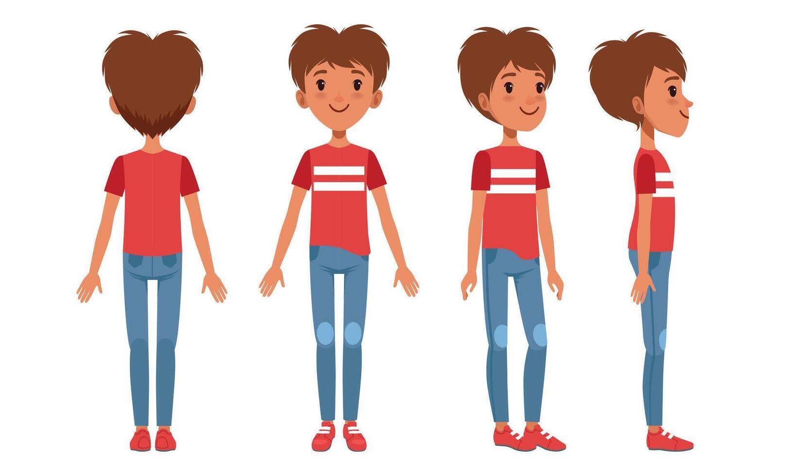 Full Length Portrait of Teenage Boy Character in Fashionable Clothes from Different Sides Front, Back and Side View, Cartoon Style Illustration vector