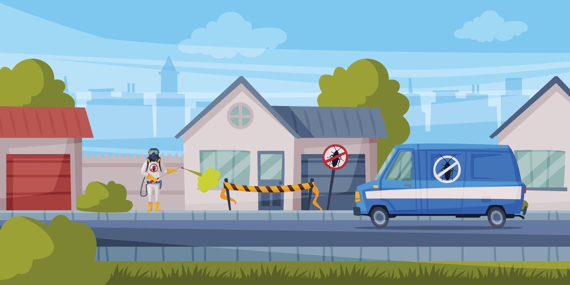 Disinfection of Suburban House, Exterminator Wearing Protection Uniform and Gas Mask Spraying with Insecticide, Home Pest Control Service Illustration vector