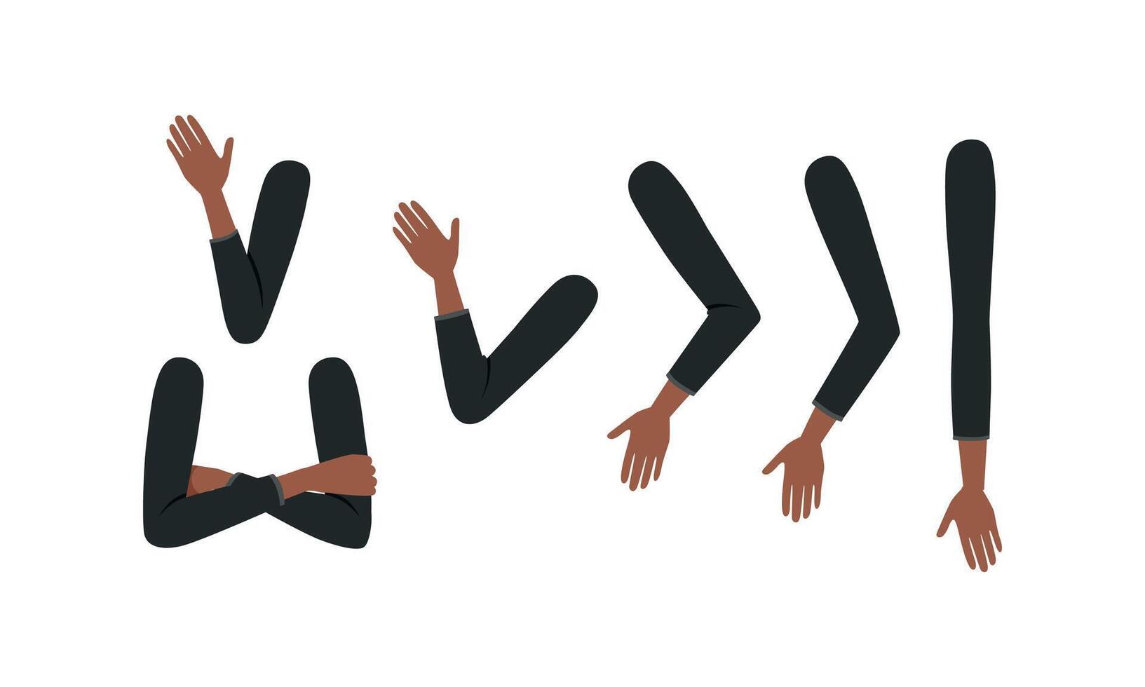 Human African American Sleeved Arms in Various Poses Set, Male or Female Body Part, Constructor for Animation Cartoon Style Illustration vector