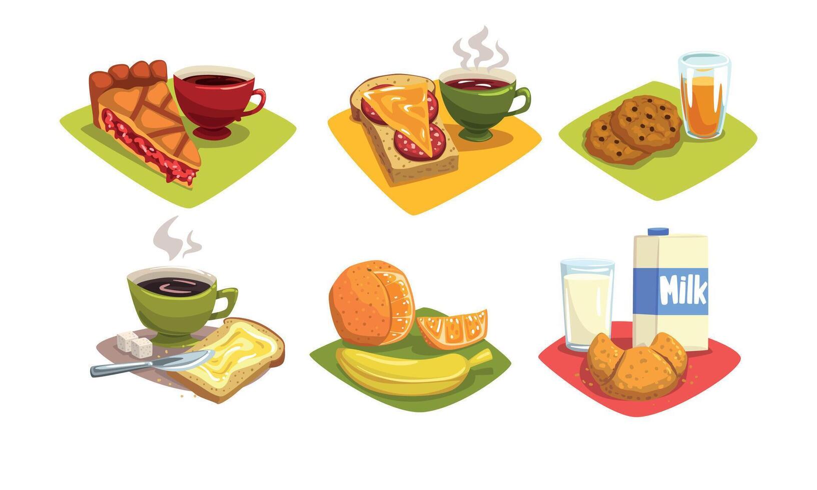 Breakfast Dishes Set, Morning Food Menu Illustration White Background vector