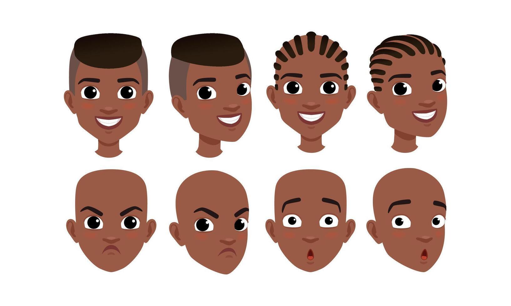 Male Heads Set, Face of African American Boy with Various Hairstyles, Frontal, Profile, Three Quarter Turn View Cartoon Style Illustration vector