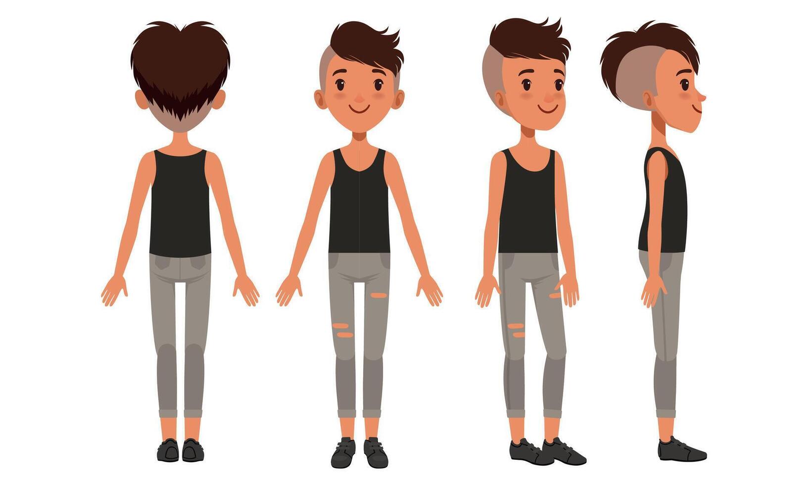Full Length Portrait of Cute Boy Character in Fashion Clothes from Different Sides Front, Back and Side View, Cartoon Style Illustration vector