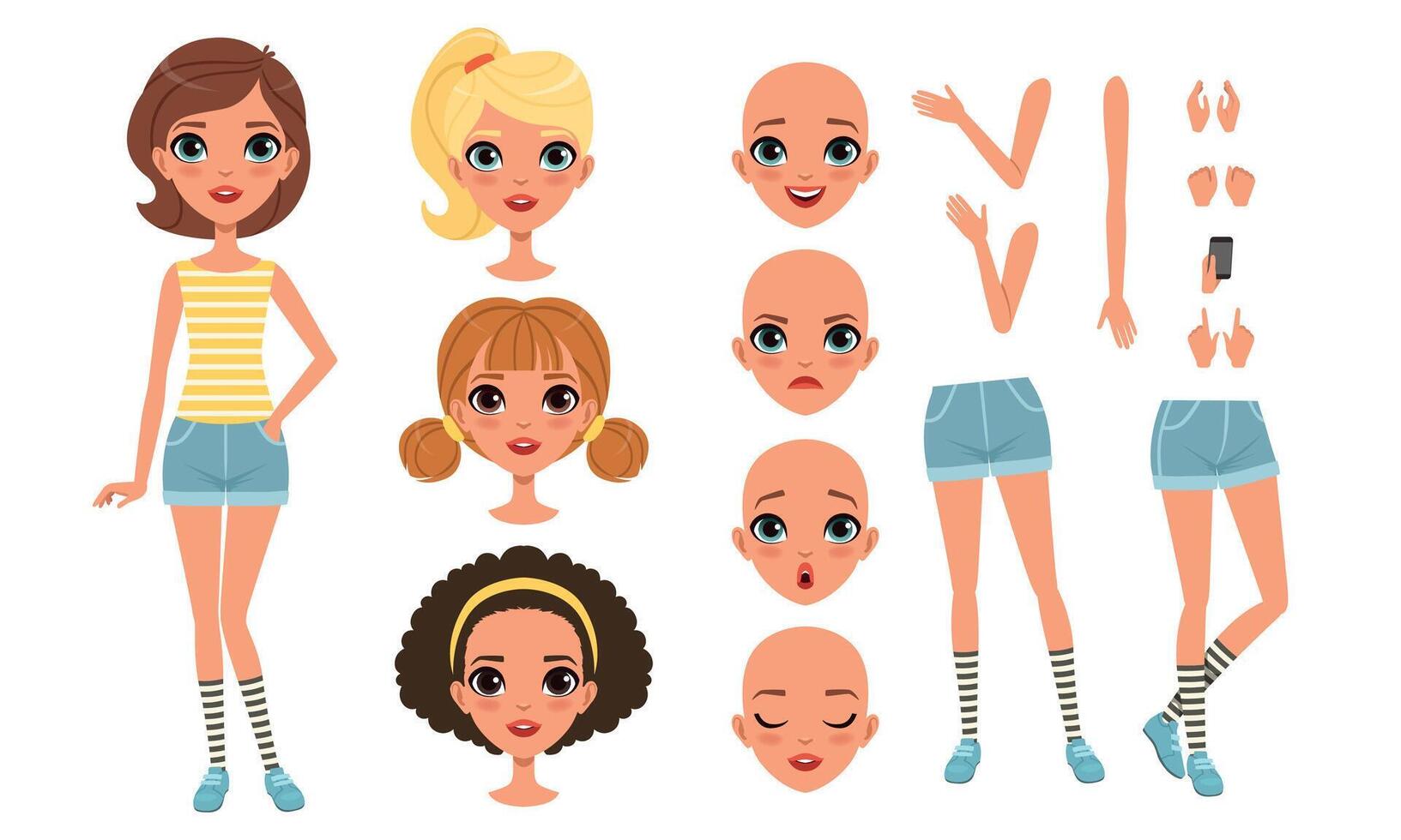 Cute Girl Constructor for Animation, Front View of Female Character in Various Poses and Hairstyles, Separate Girl Body Parts Collection Cartoon Style Illustration vector