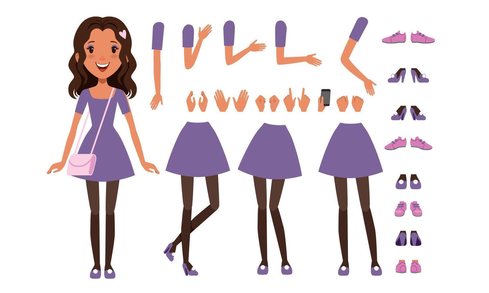 Cute Brunette Girl Constructor for Animation, Front View of Female Character in Various Poses, Separate Girl Body Parts and and Accessories Collection Cartoon Style Illustration vector