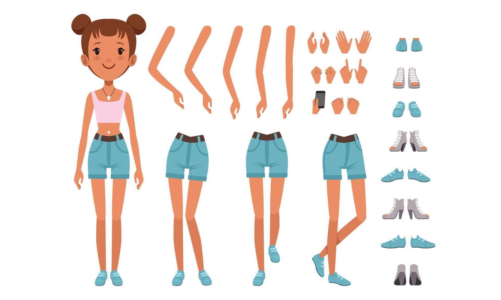 Cute Girl Constructor for Animation, Front View of Pretty Female Character in Various Poses, Separate Girl Body Parts Collection Cartoon Style Illustration vector