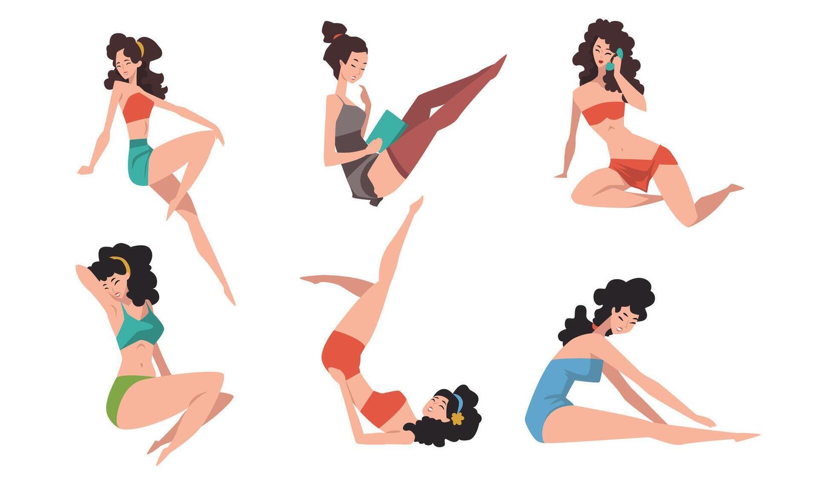 Seductive Pin up Girls Set, Beautiful Brunette Sensual Young Women Dressed Stylish Clothing in Various Poses Cartoon Style Illustration vector