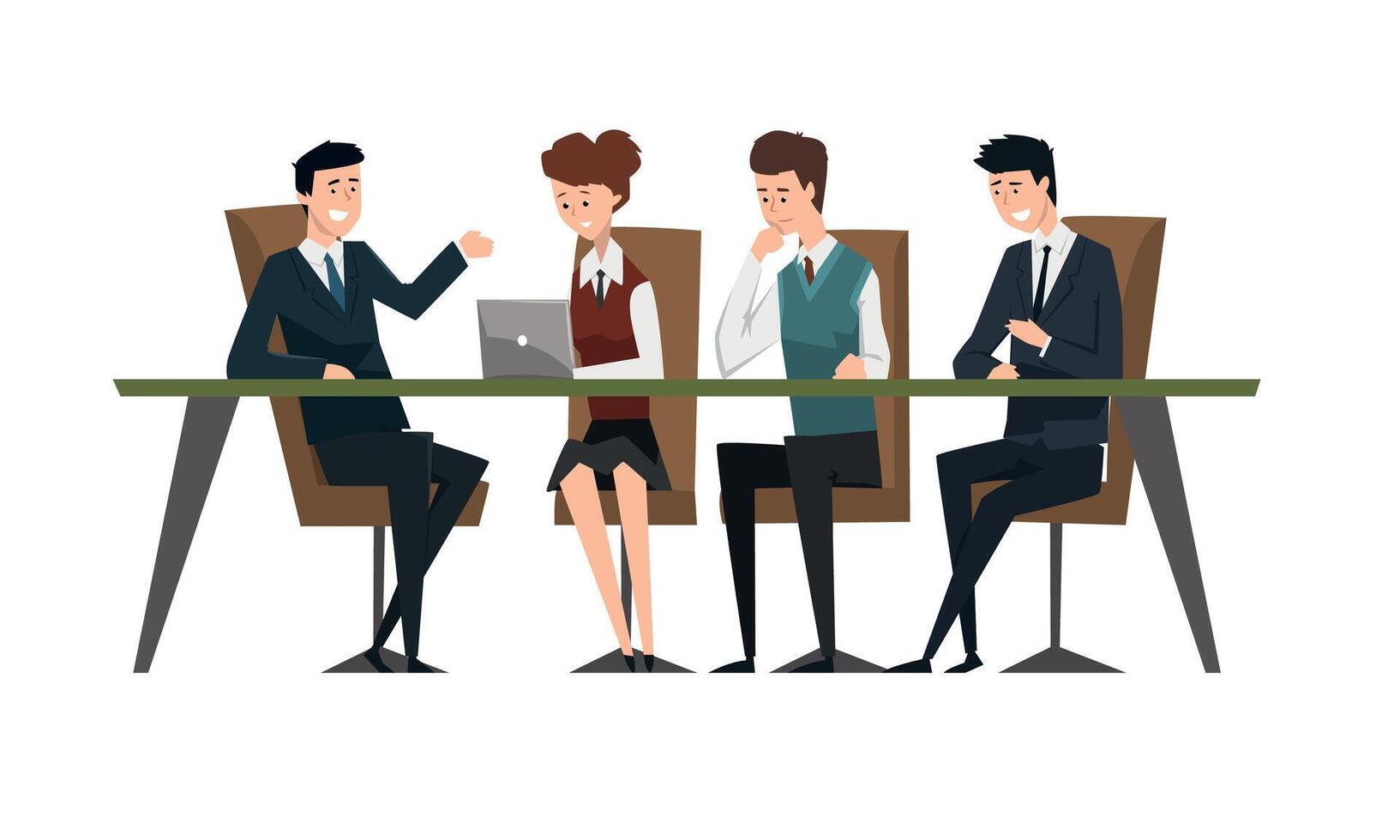 Group Business People Having Meeeting at Conference Table, Male Colleagues Discussing Ideas or Brainstorming Cartoon Style Illustration vector