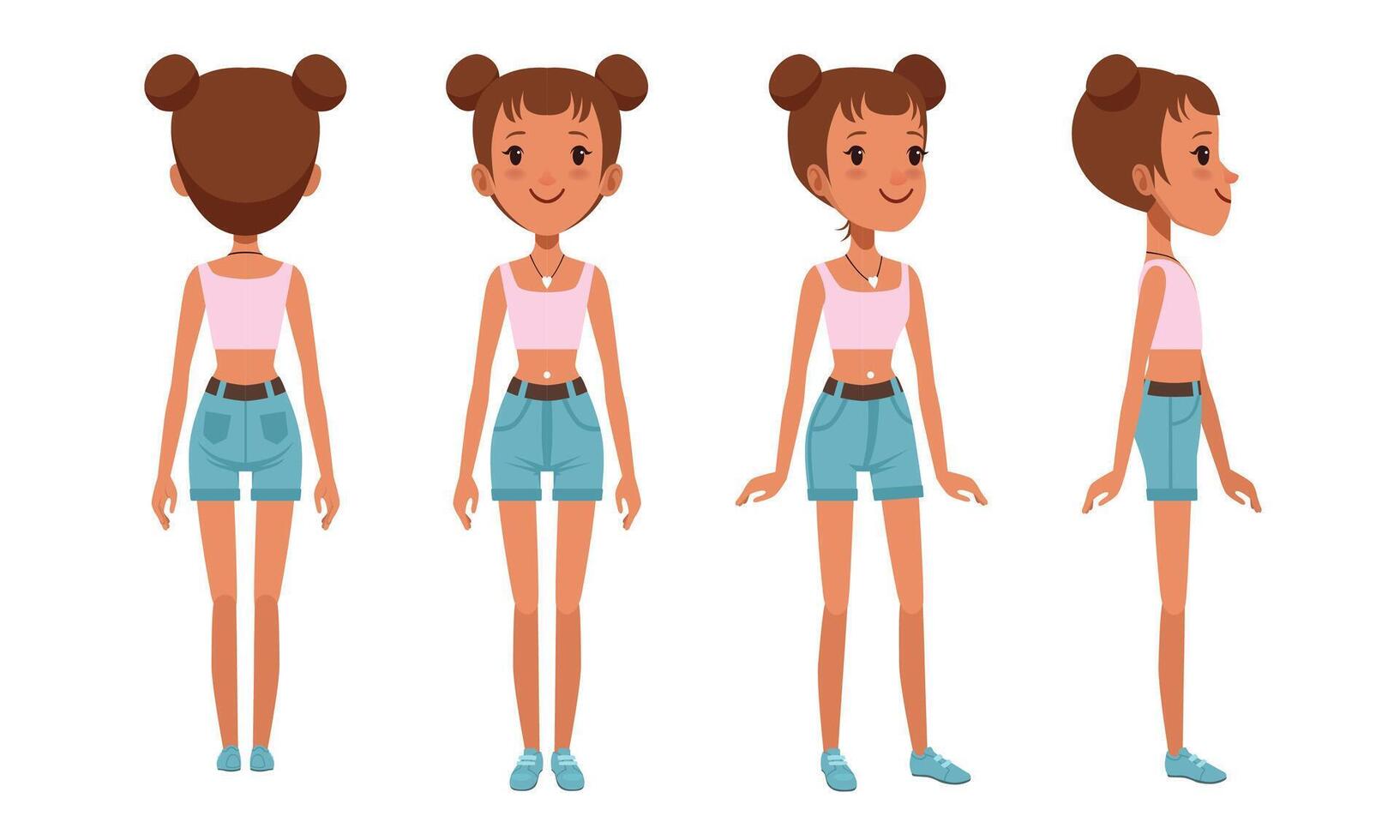 Full Length Portrait of Cheerful Girl Character in Fashionable Clothes from Different Sides Front, Back and Side View, Cartoon Style Illustration vector