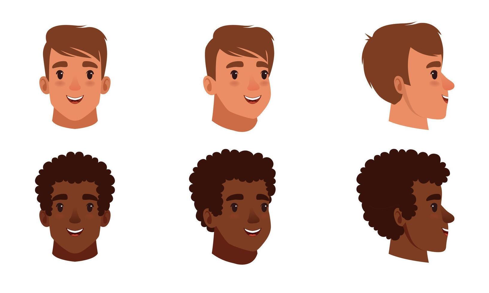 Male Heads Set, Frontal, Profile, Cheerful Caucasian and African American Teenage Boys Characters, Three Quarter Turn View Cartoon Style Illustration vector