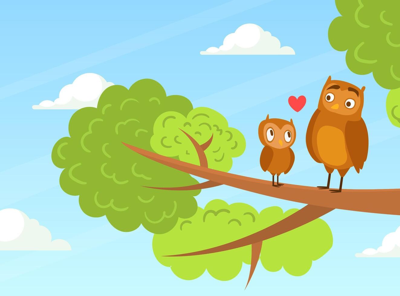 Cute Baby Owl and Parent Sitting on Tree Branches, Happy Birds Family Cartoon Illustration vector