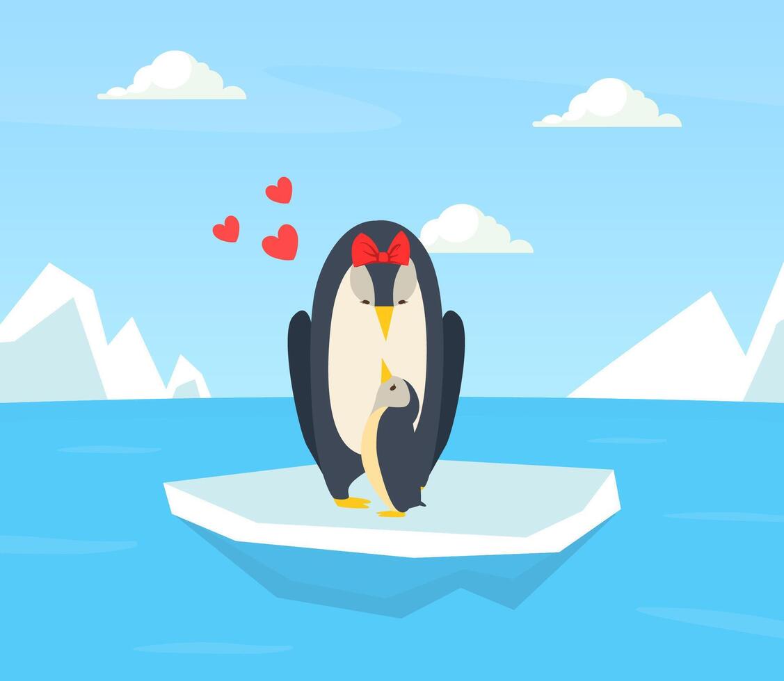 Cute Baby Penguin and Parent, Happy Birds Family Cartoon Illustration vector