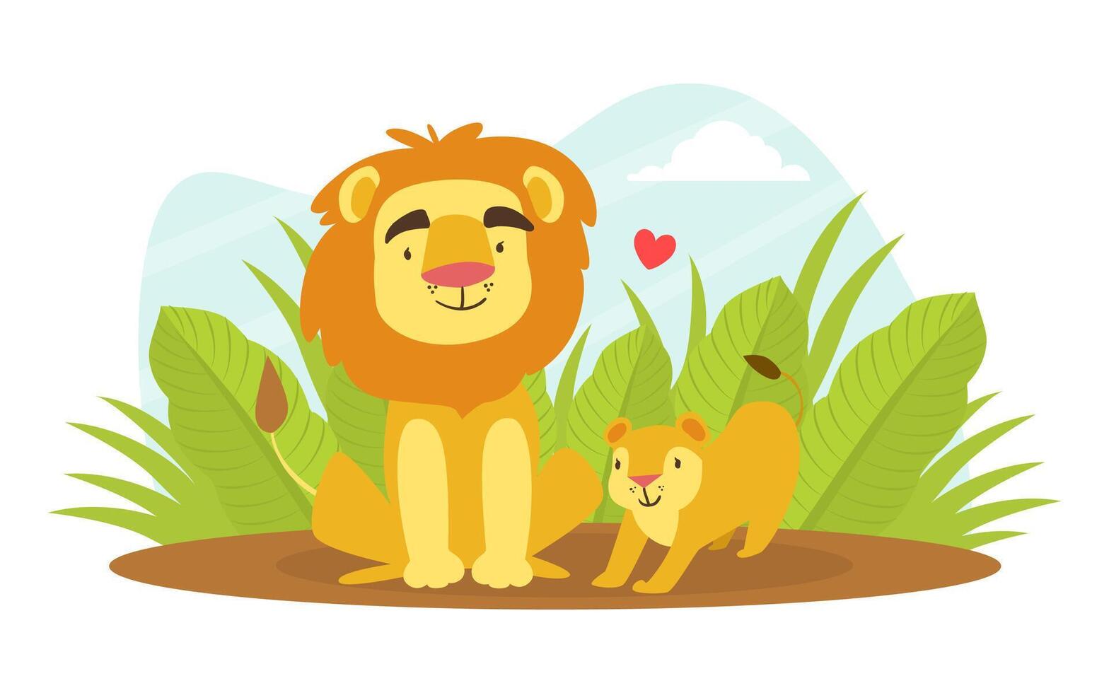 Cute Baby Lion and Parent, Happy Wild African Animals Family Cartoon Illustration vector
