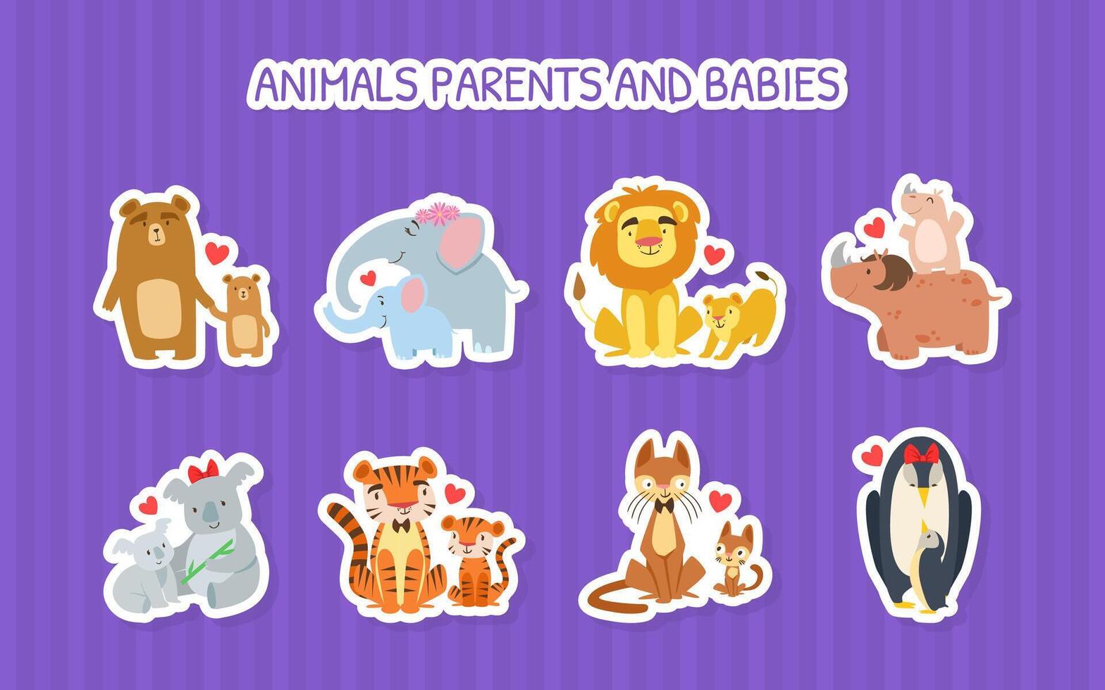 Animals Parents and Babies Stickers Set, Lion, Giraffe, Crocodile, Tiger, Rhinoceros, Elephanat, Penguin, Bear, Happy Animals Families Cartoon Illustration vector