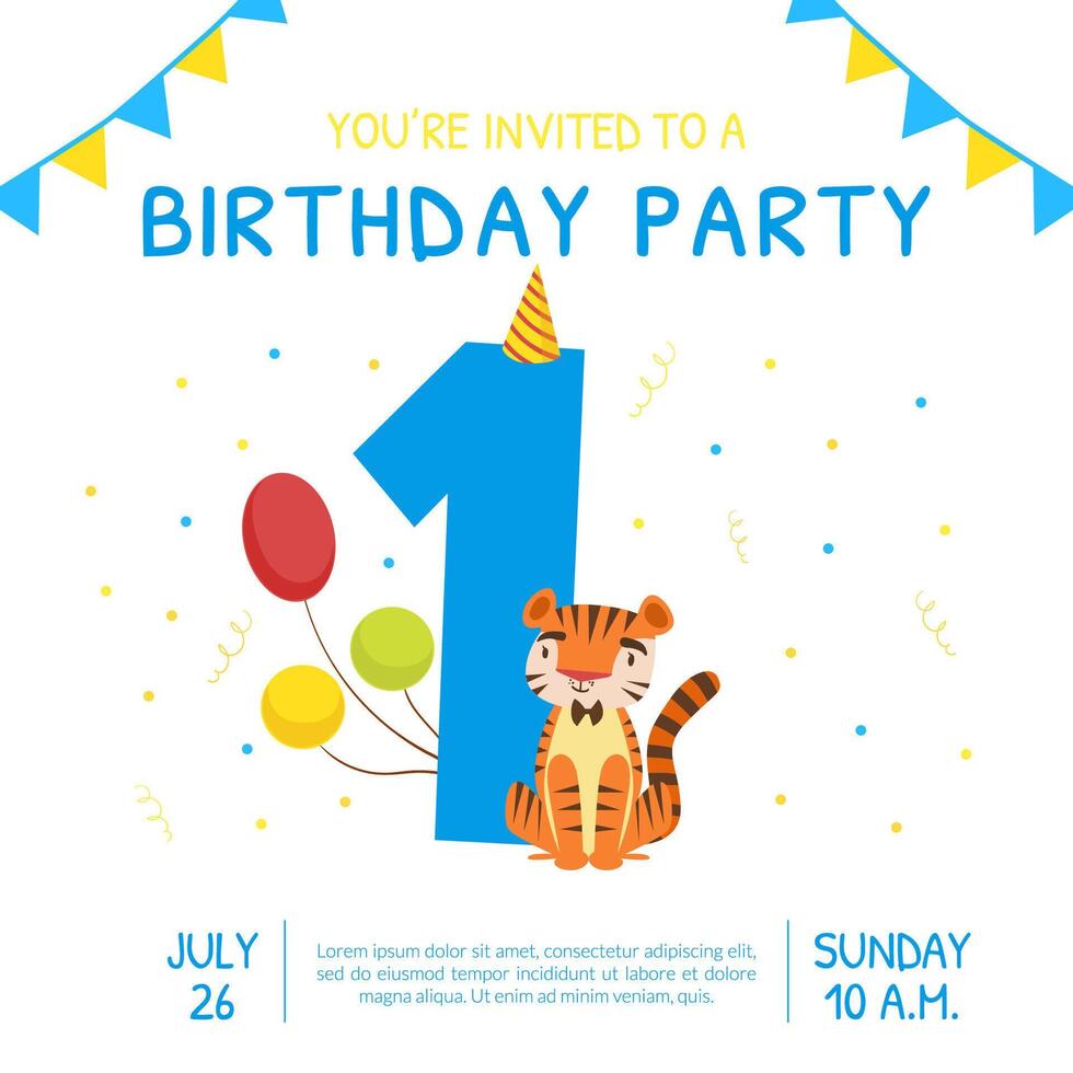 Happy First Birthday Invitation Card Template, Birthday Anniversary Number with Cute Little Tiger Animal Cartoon Illustration vector