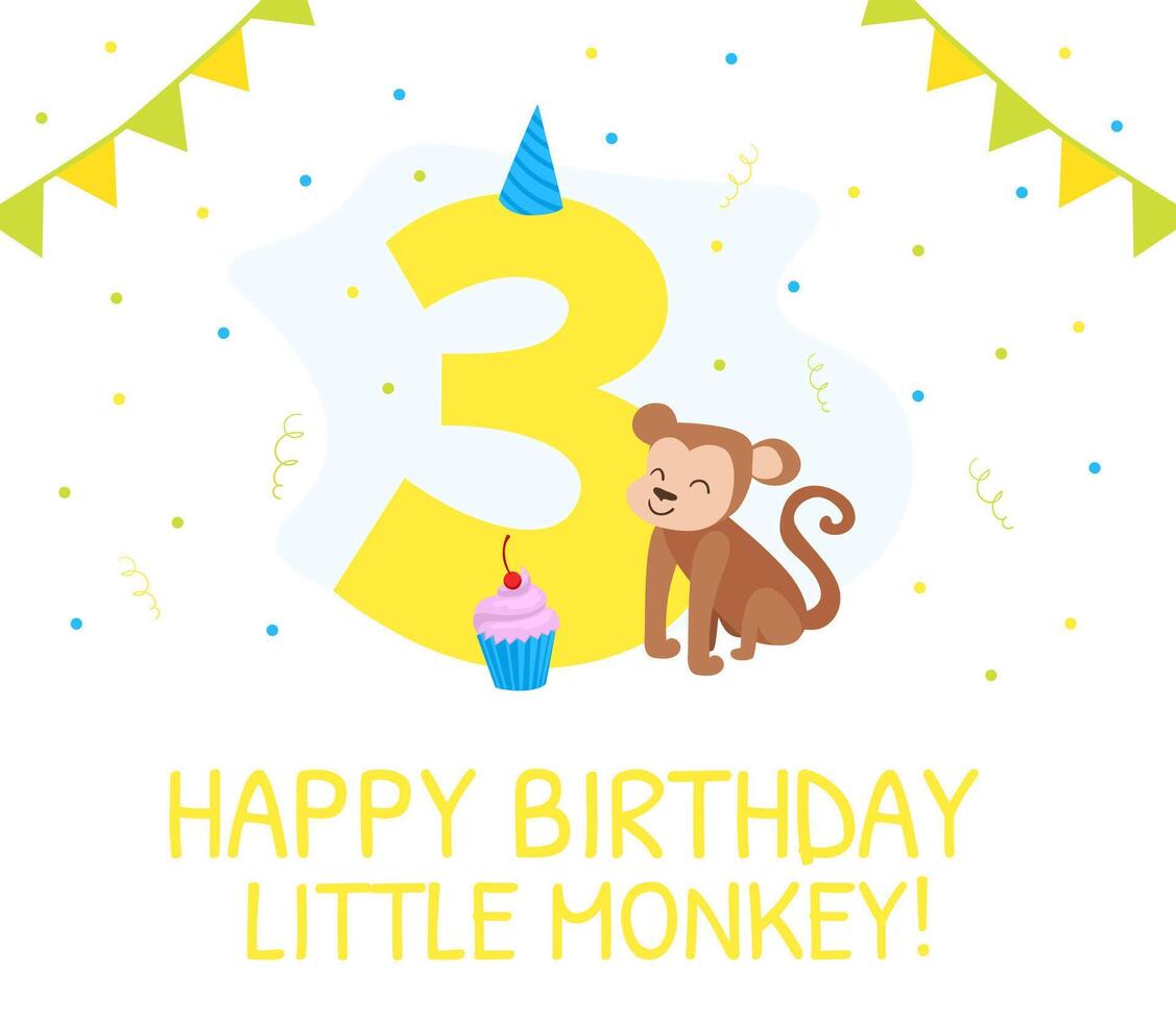 Happy Third Birthday Card, Birthday Anniversary Number with Cute Little Monkey Animal, Banner, Poster or Invitation Template Cartoon Illustration vector
