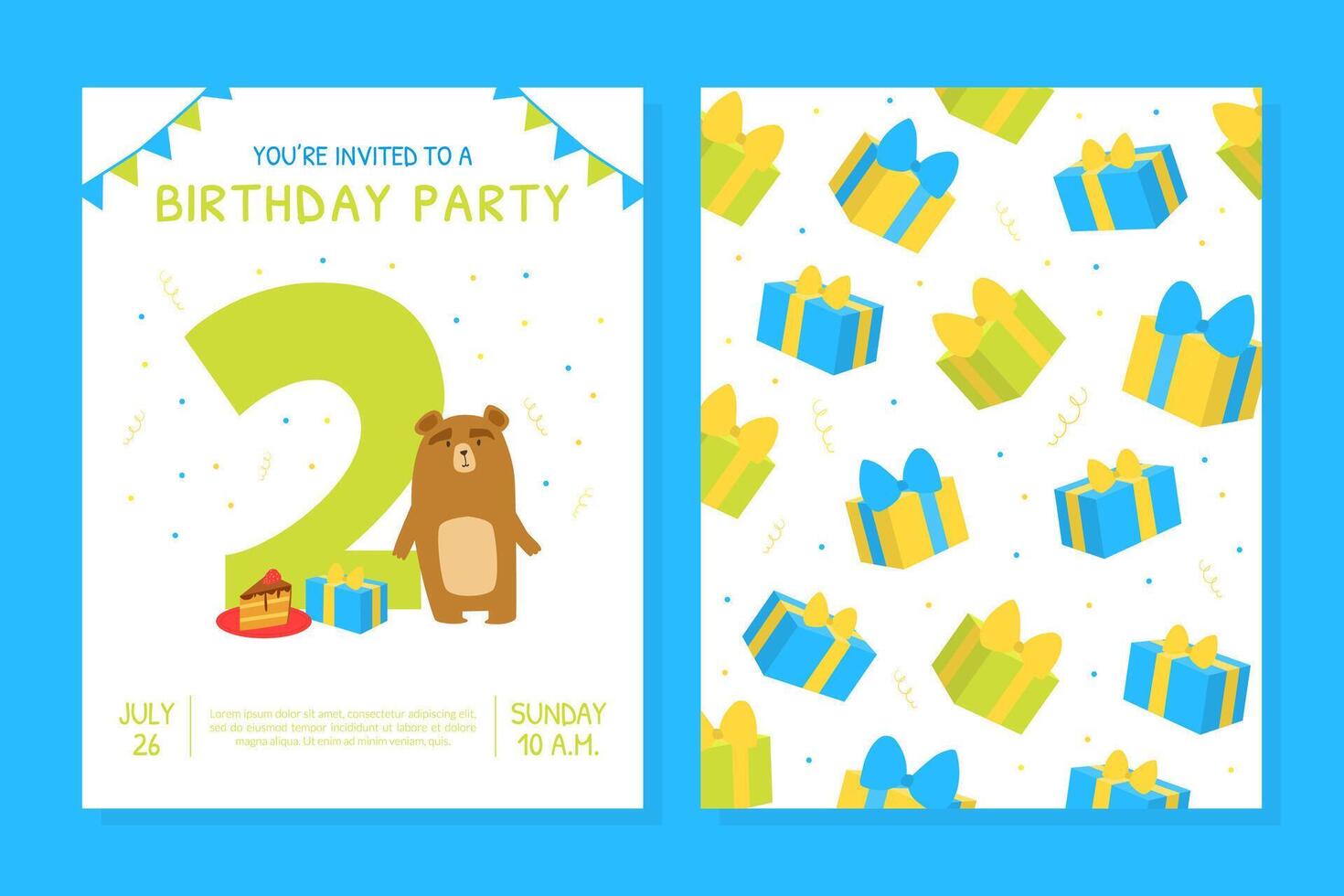 Happy Second Birthday Invitation Card Template, Birthday Anniversary Number with Cute Bear Animals, Front and Back Sides Cartoon Style Illustration vector