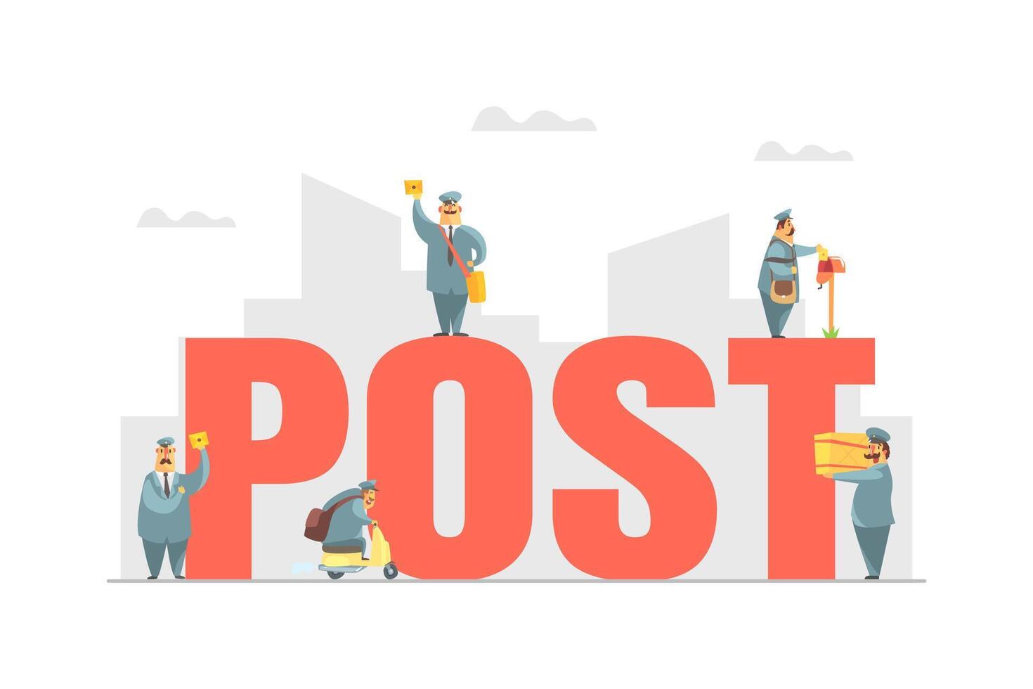 Post Big Word with Postmen in Uniform Delivering Parcels and Letters, Express Delivery Service Illustration vector
