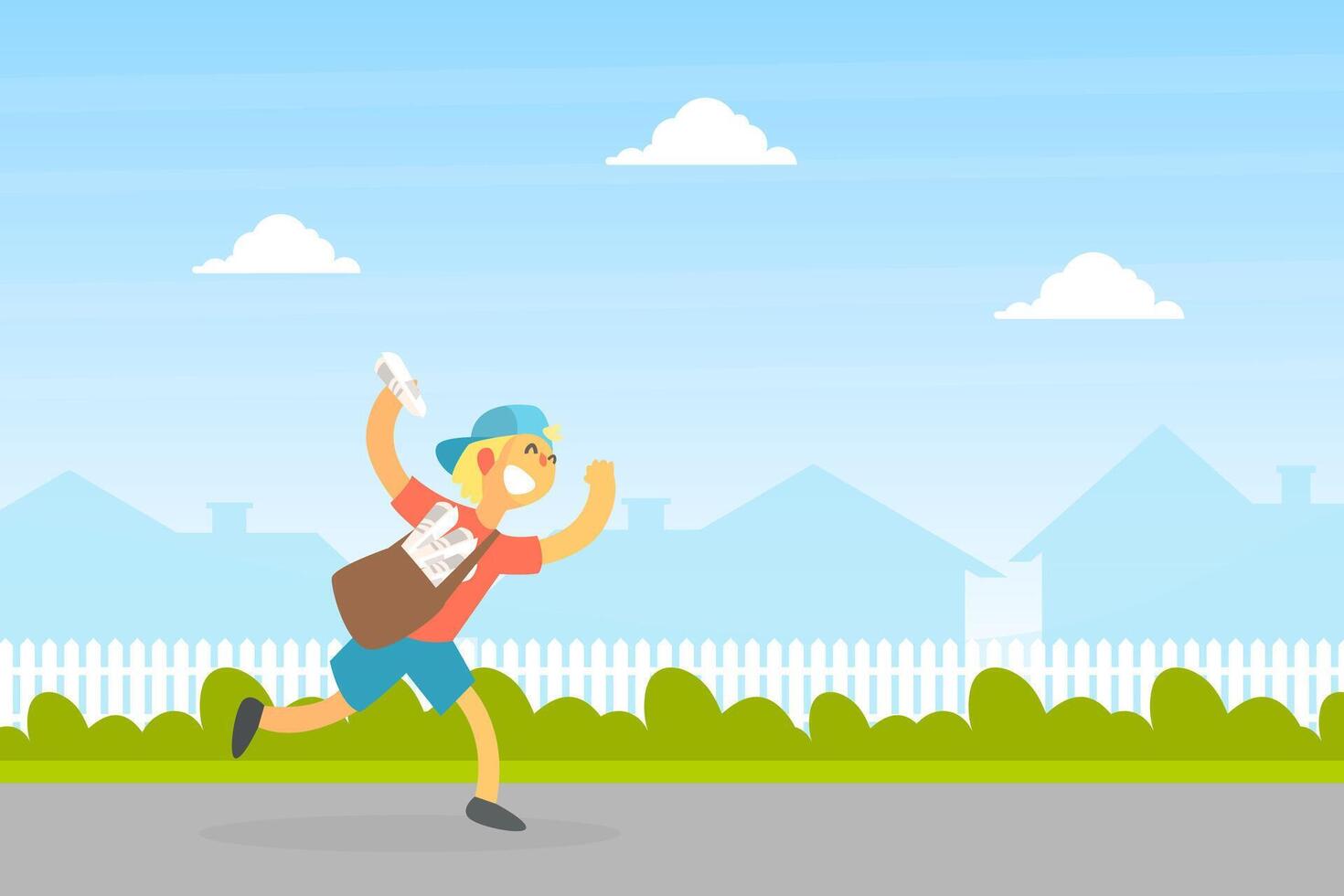 Smiling Boy Courier with Mailbag Delivering Newspapers, Courier Running on Summer Landscape Illustration vector