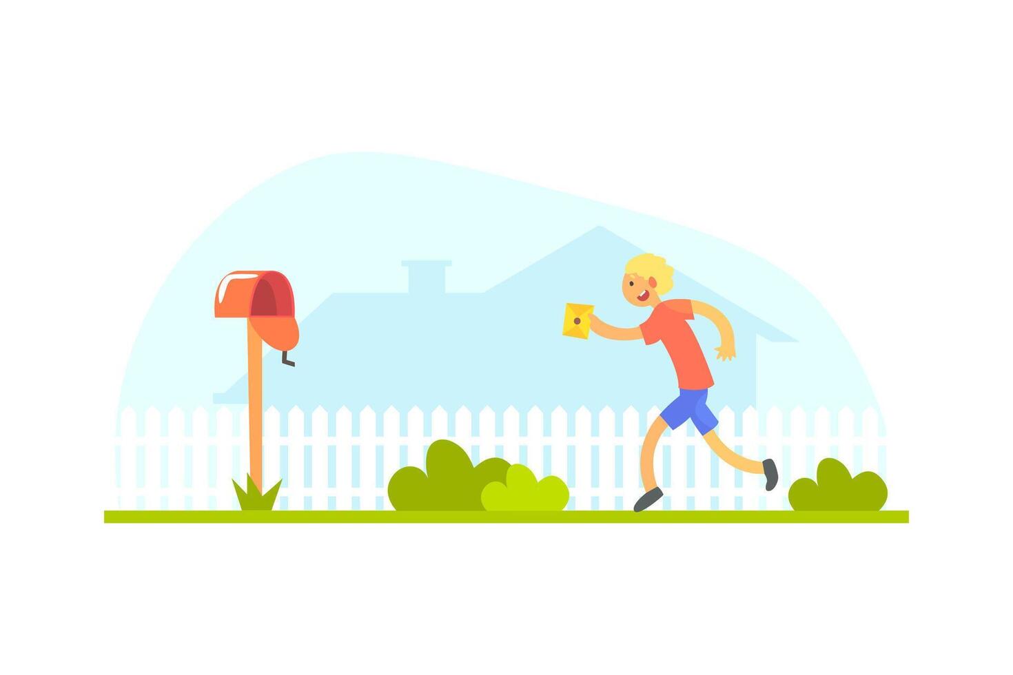 Smiling Boy with Letter Running to Mailbox Illustration vector