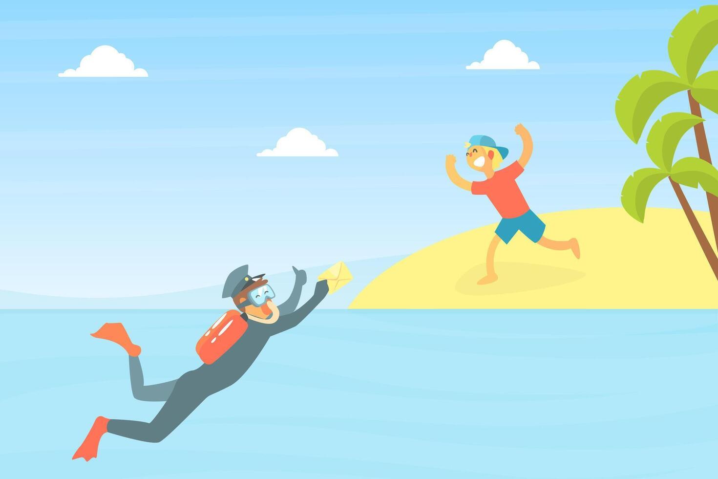 Happy Boy Running to Postman in Uniform with Scuba Diving Mask Delivering Letter bo Water Illustration vector