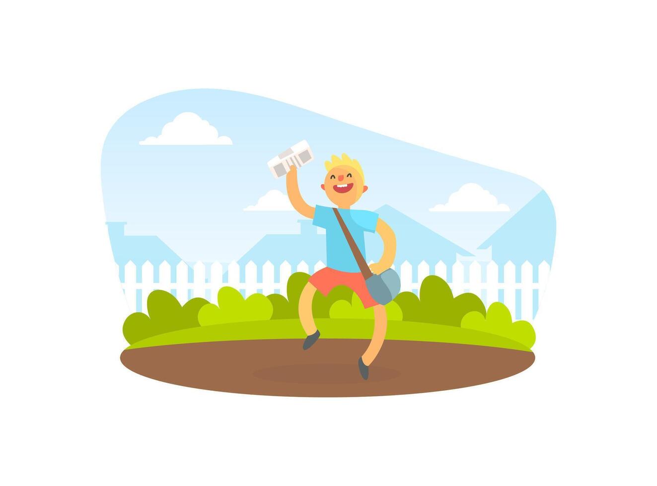 Smiling Boy Courier Delivering Newspapers, Courier Running on Summer Landscape Illustration vector