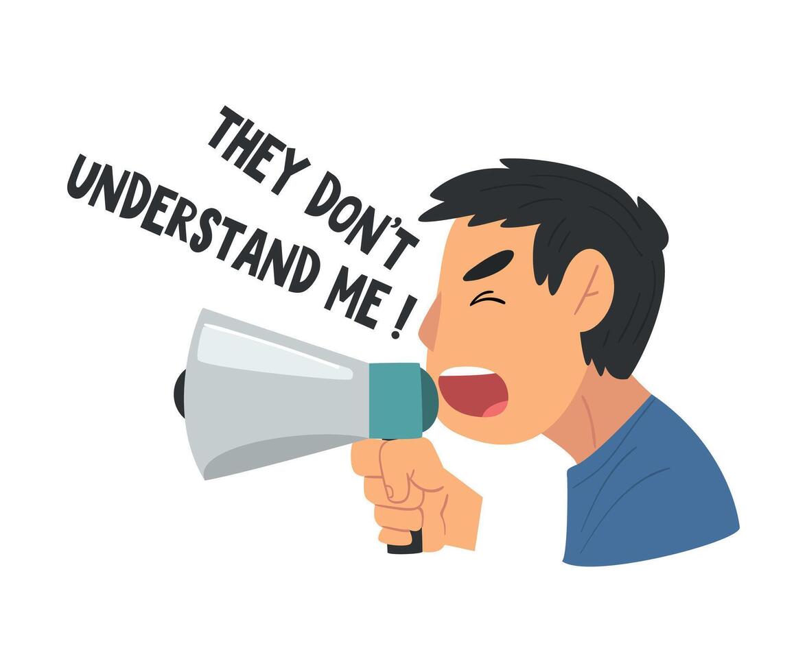 They Don t Understand Me, Teen Problem, Depressed Teenager Shouting into Megaphone in Stressful Situation Illustration vector