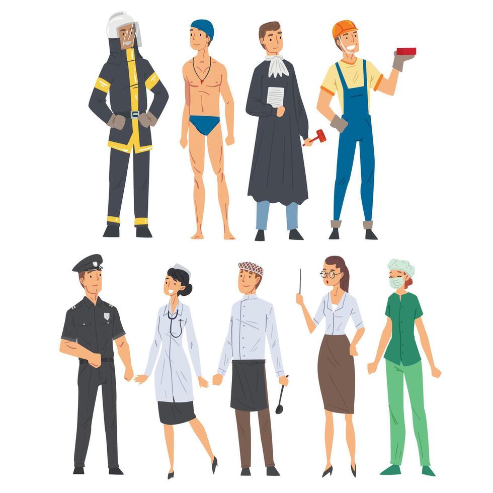People of Various Occupations Set, Judge, Fireman, Swimmer, Athlete, Builder, Policeman, Chef, Doctor, Teacher, Medical Nurse Illustration vector