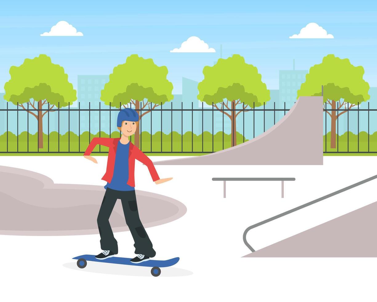 Teenage Boy Scateboarding, Guy Doing Physical Activity Outdoors Illustration vector