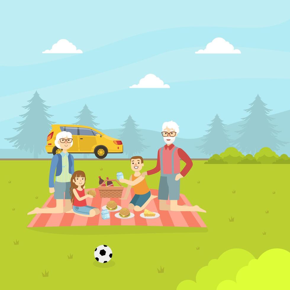 Grandparents and Grandchildren Eating and Relaxing on Nature, Happy Family Having Picnic Outdoors Illustration vector