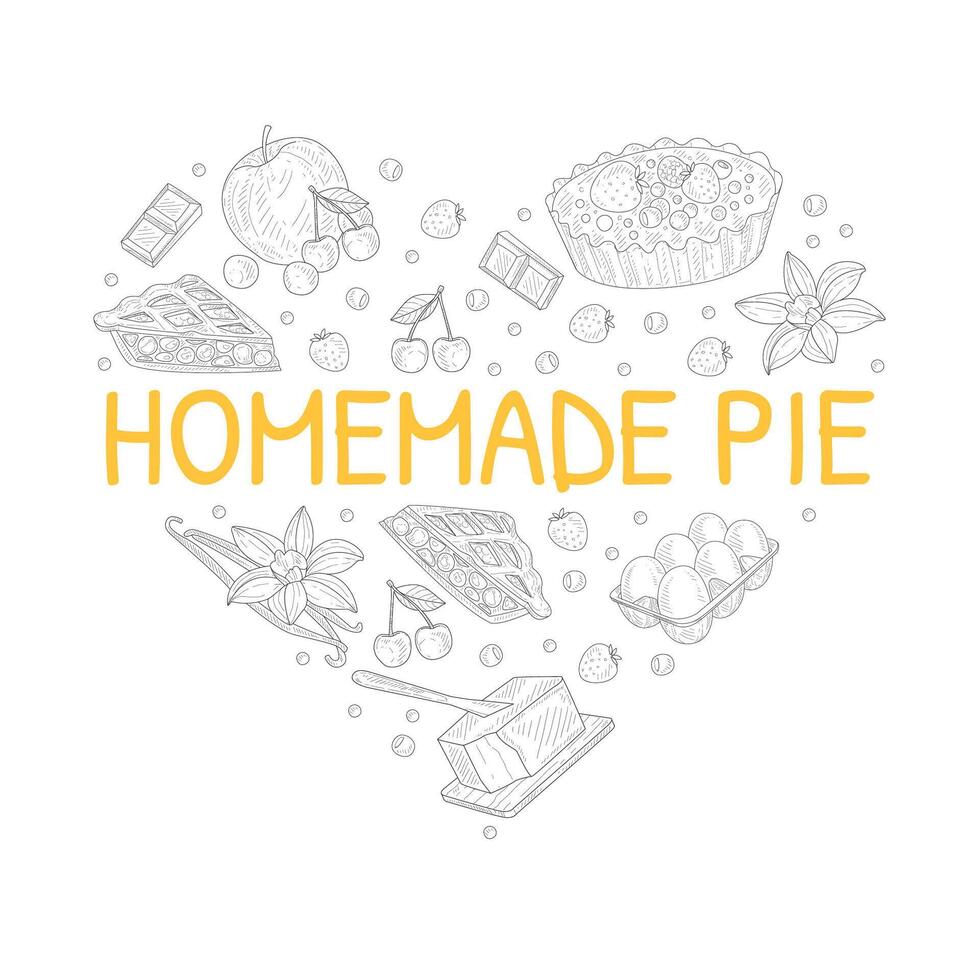 Homemade Fruit Pie Banner Template with Baking Ingredients of Heart Shape Hand Drawn Illustration vector