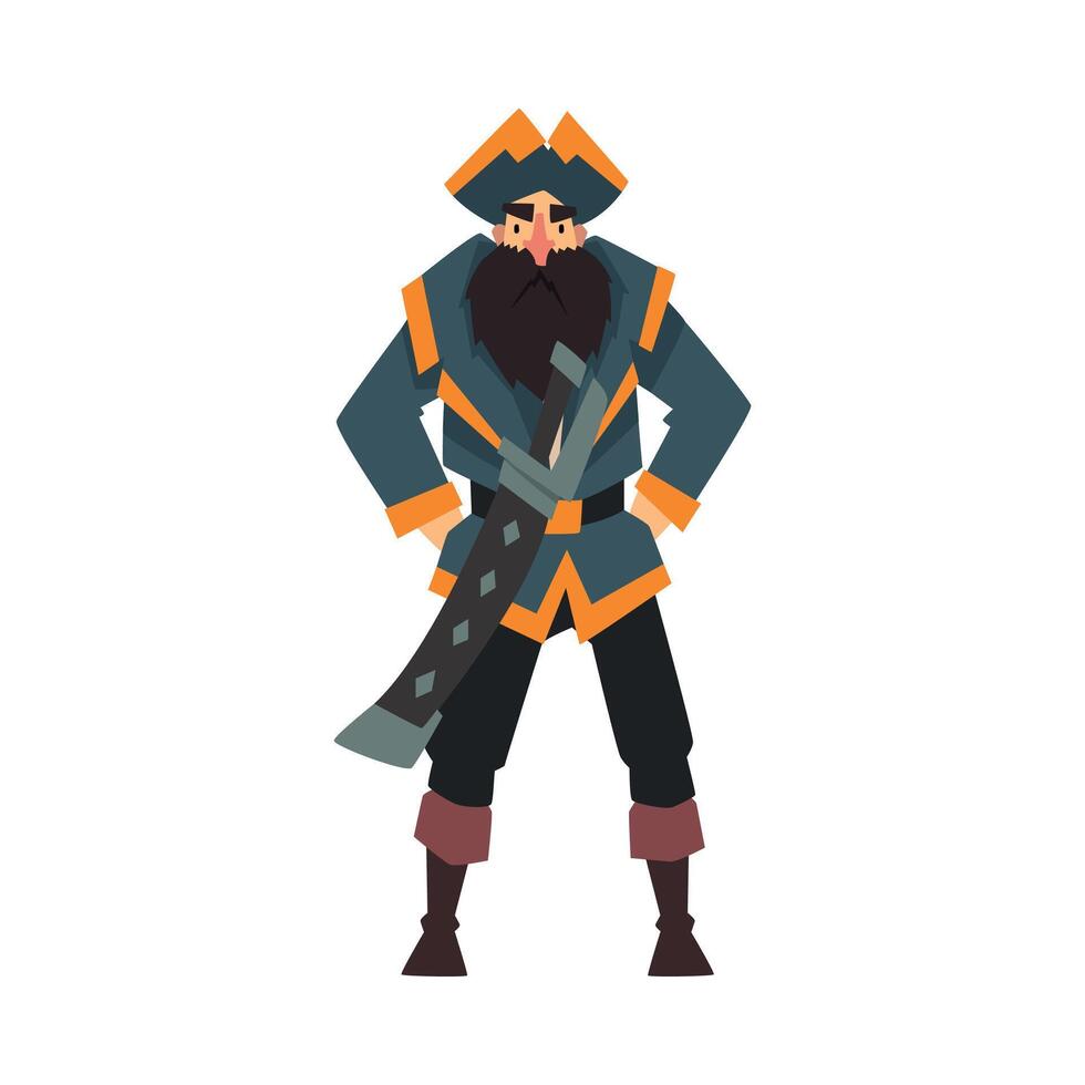 Funny Pirate in Tricorne Hat Standing with Hands on His Hips, Male Buccaneer Cartoon Character Illustration vector