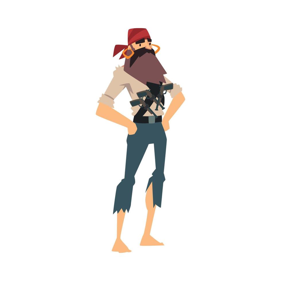 Funny Brave Pirate Standing with Hands on His Hips, Male Buccaneer Cartoon Character Illustration vector