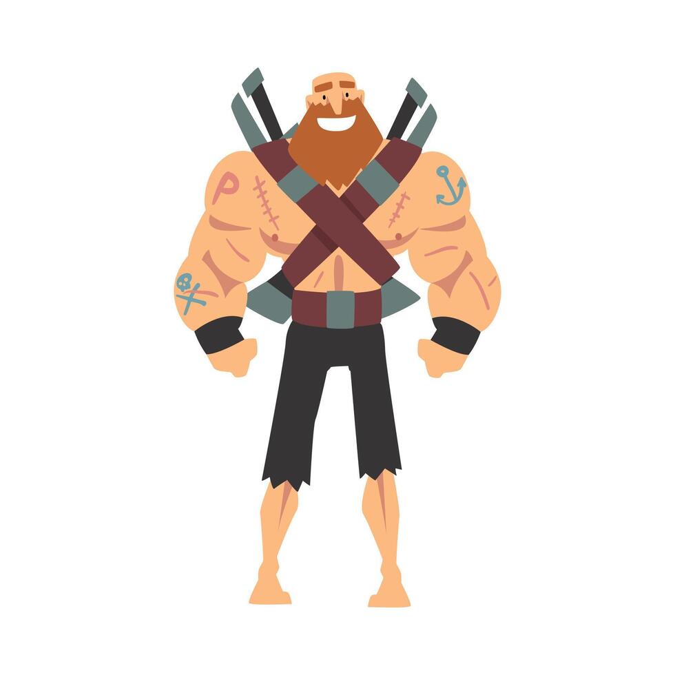 Bearded Brutal Muscular Pirate with Sabers, Male Buccaneer Cartoon Character Illustration vector