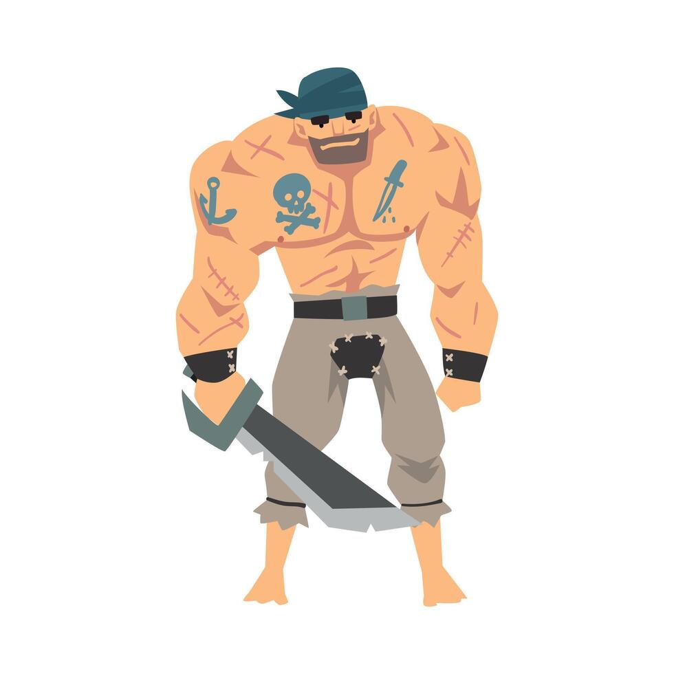 Brave Muscular Pirate with Saber, Male Buccaneer Cartoon Character Illustration vector