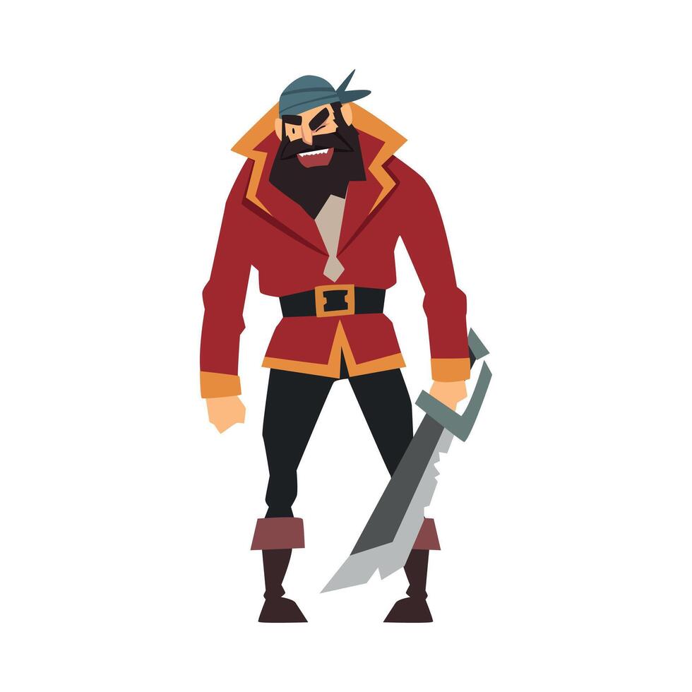 Angry Bearded Pirate with Saber, Male Buccaneer Cartoon Character Illustration vector