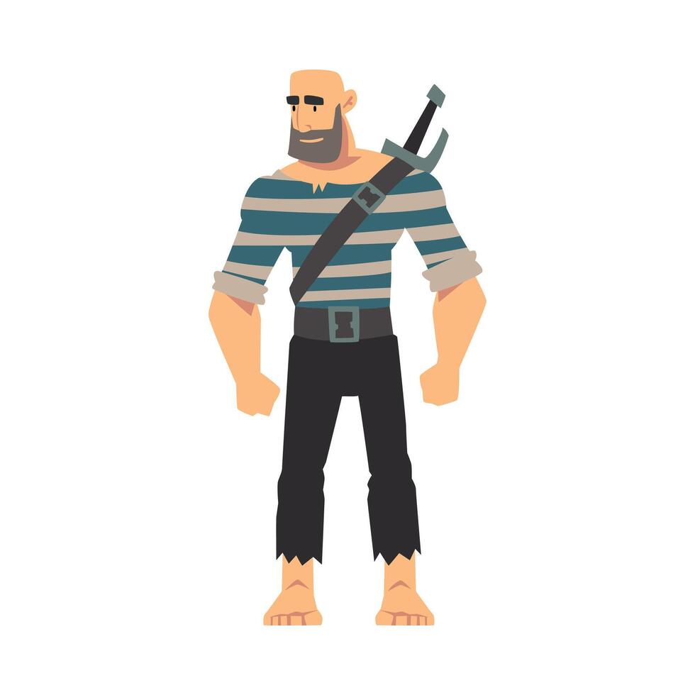 Bearded Brutal Pirate with Sword, Male Buccaneer Cartoon Character Illustration vector