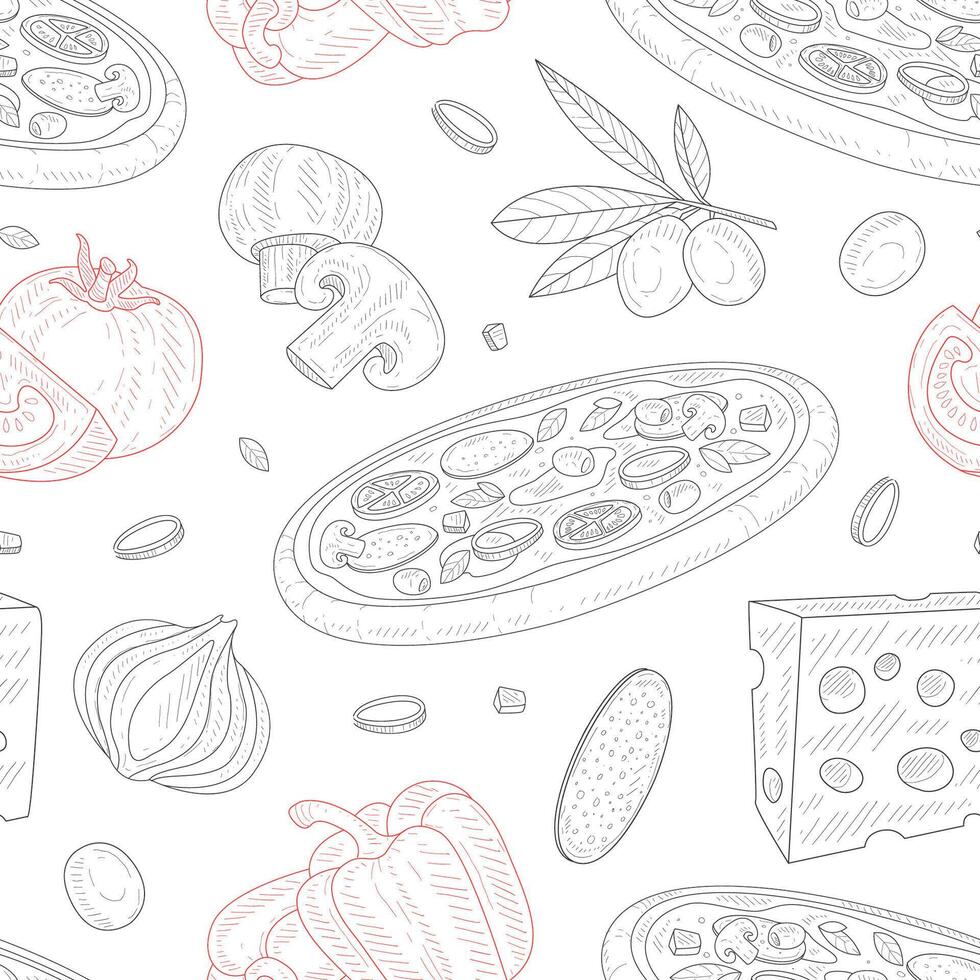 Italian Pizza, Seamless Pattern, Traditional Italian Dish Ingredients, Design Element Can Be Used for Fabric, Wallpaper, Packaging, Web Page, Wrapping Paper Illustration vector