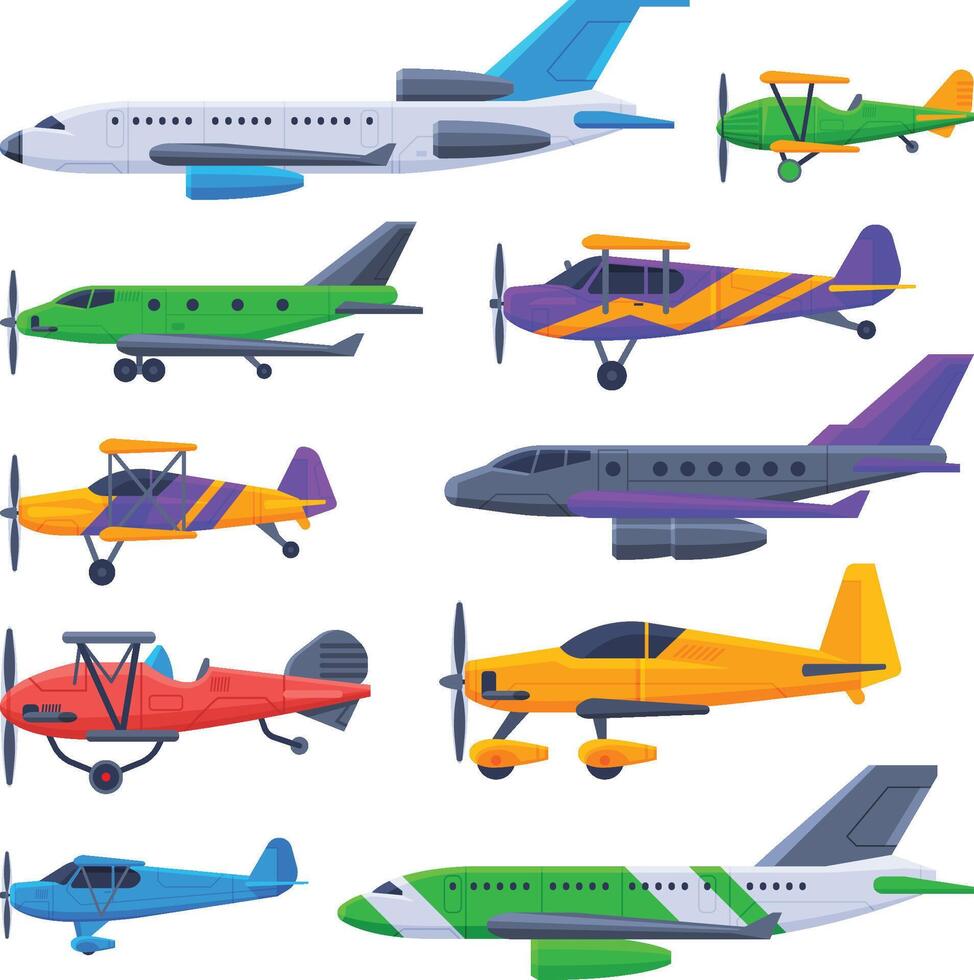 Modern and Retro Airplanes Collection, Flying Aircraft Vehicles, Air Transport Illustration vector