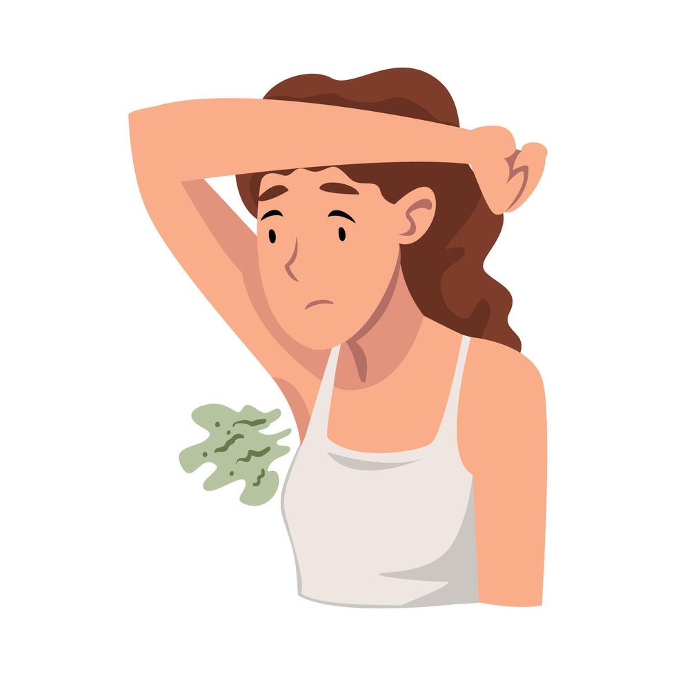 Sweating Young Woman Feeling Bad Smell Coming From Her Own Armpits Illustration vector