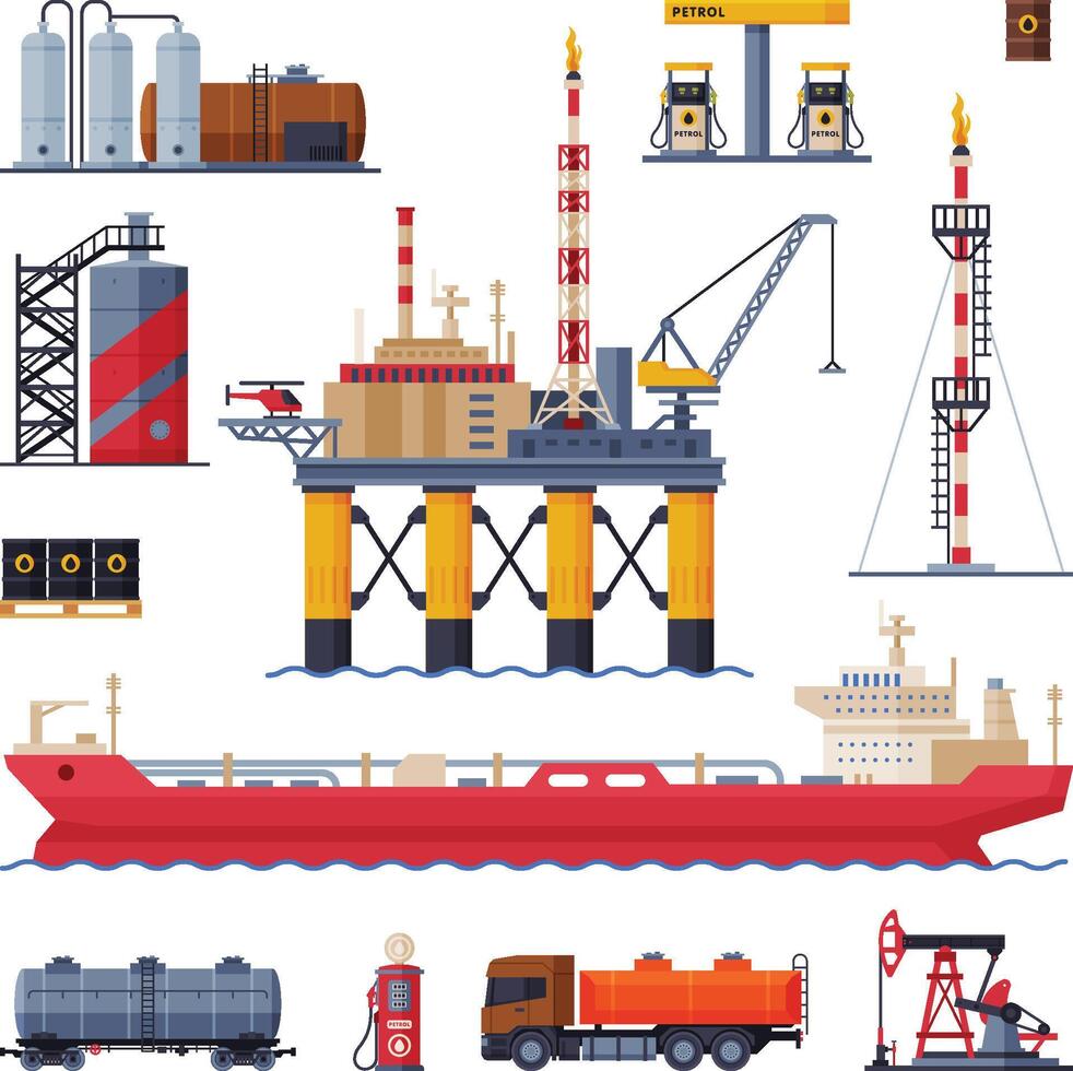 Oil and Gas Production, Processing and Transportation Set, Gasoline and Petroleum Industry Flat Style Illustration on White Background vector
