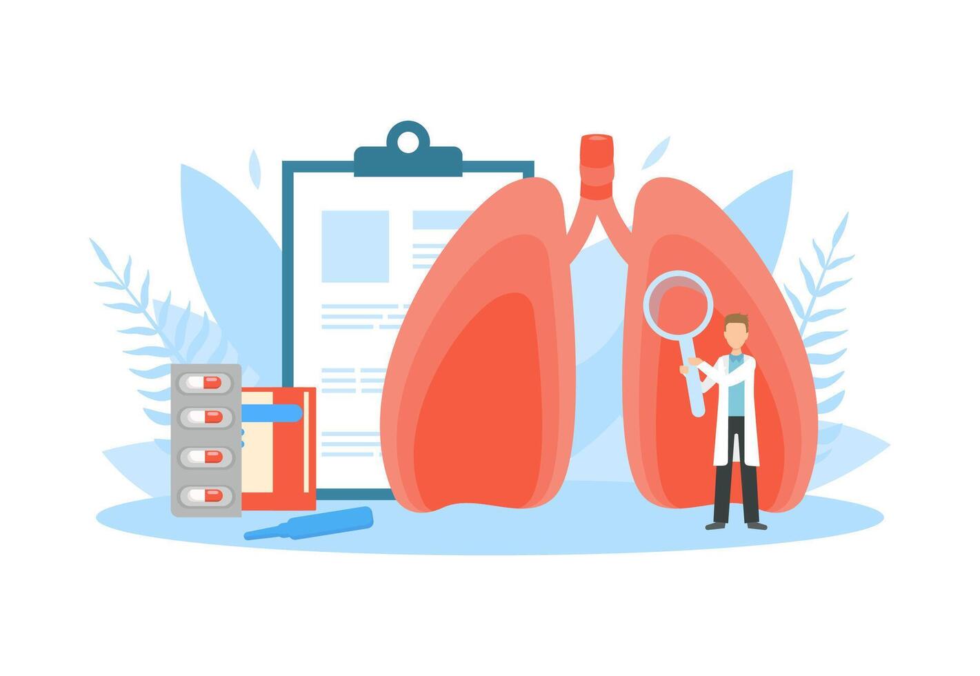 Tiny Doctor Examining Huge Human Lungs with Magnifier, Obstructive Pulmonary Disease, Doctor Doing Medical Research Illustration vector