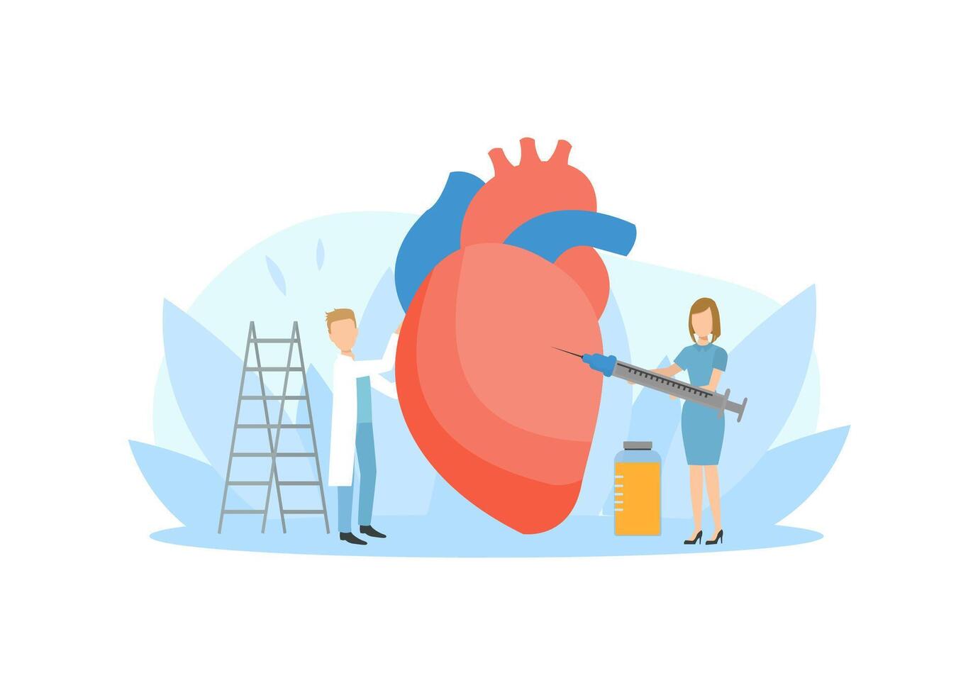 Tiny Doctors Examining and Injecting Huge Heart, Healthcare, Transplantation, Doctor Doing Medical Research Illustration vector