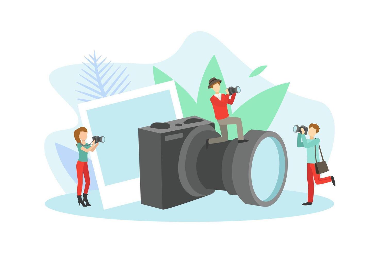 Tiny Photographers Taking Photos with Cameras, Big Professional Digital Equipment Illustration vector