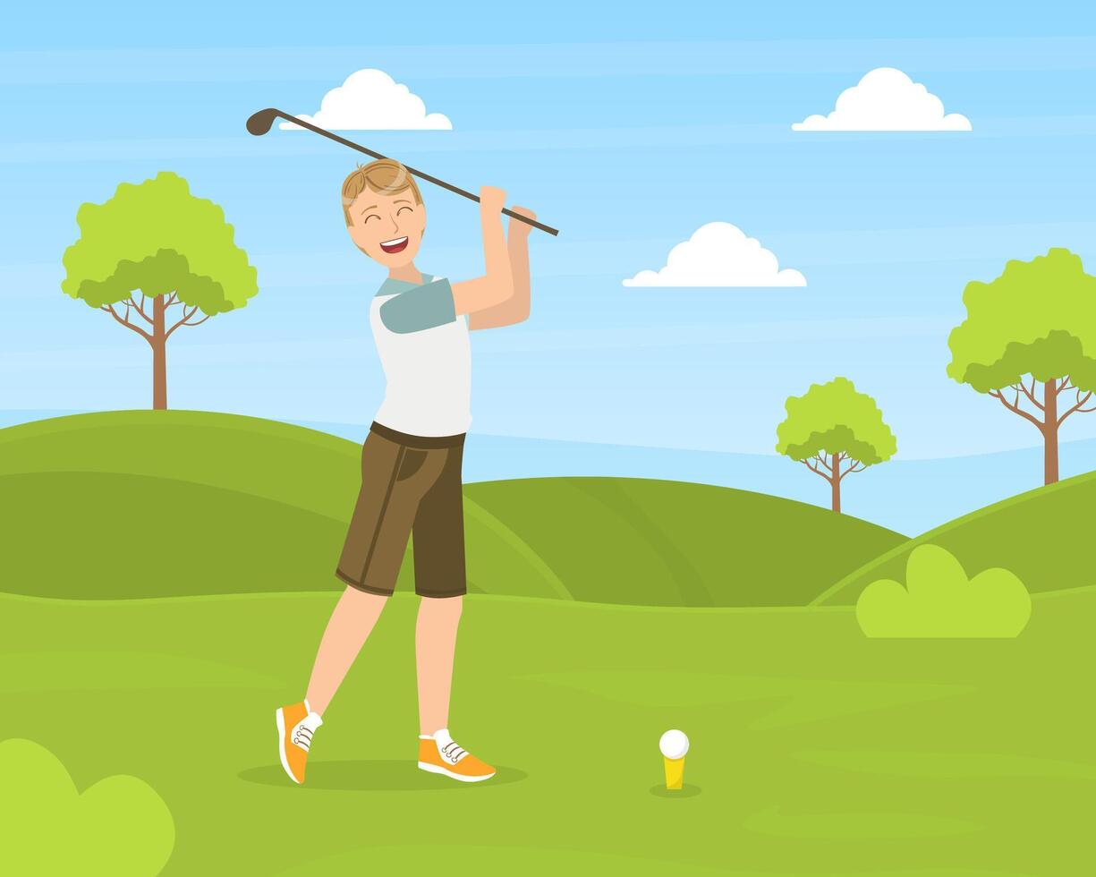 Male Golfer Training with Golf Club on Course, Young Man Doing Physical Activity Outdoors Illustration vector