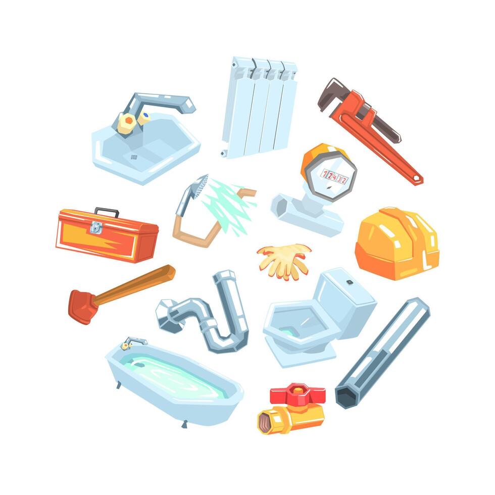 Professional Plumber Equipment of Round Shape, Flyer, Poster or Banner Design Element Illustration vector