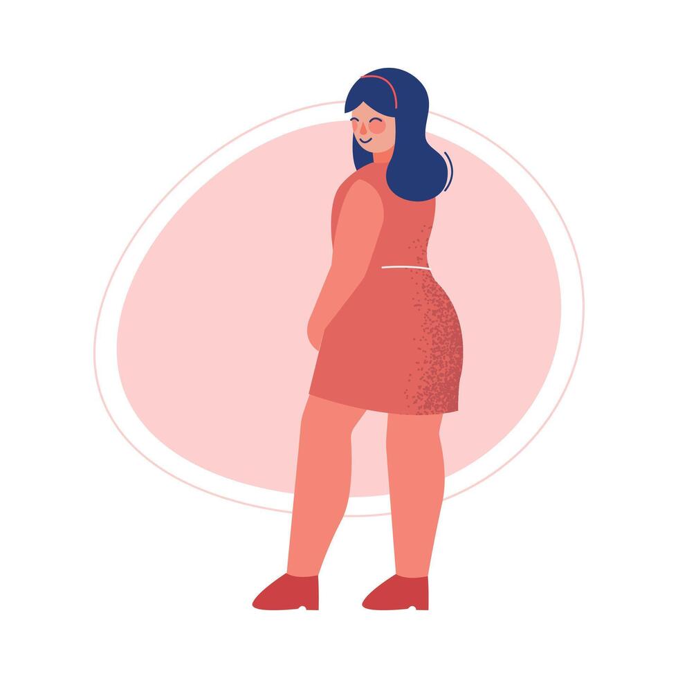 Attractive Plus Size Woman in Red Short Dress, Beautiful Curvy, Overweight Girl in Fashionable Clothes Illustration vector