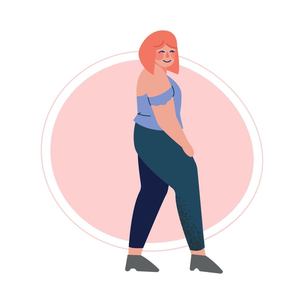 Attractive Plus Size Red Haired Woman, Beautiful Curvy, Overweight Girl in Fashionable Clothes Illustration vector